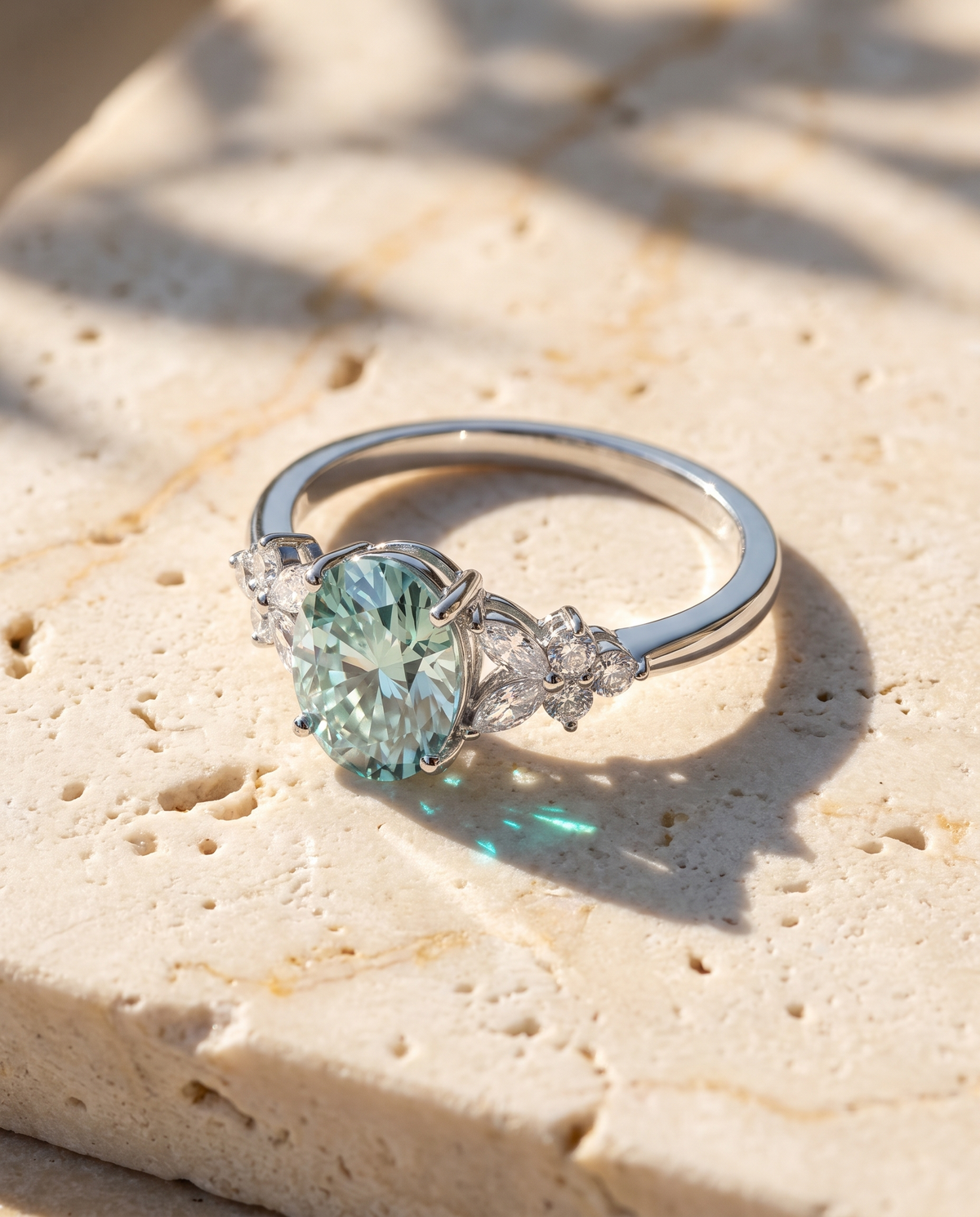 Blue-green oval cluster ring, sterling silver