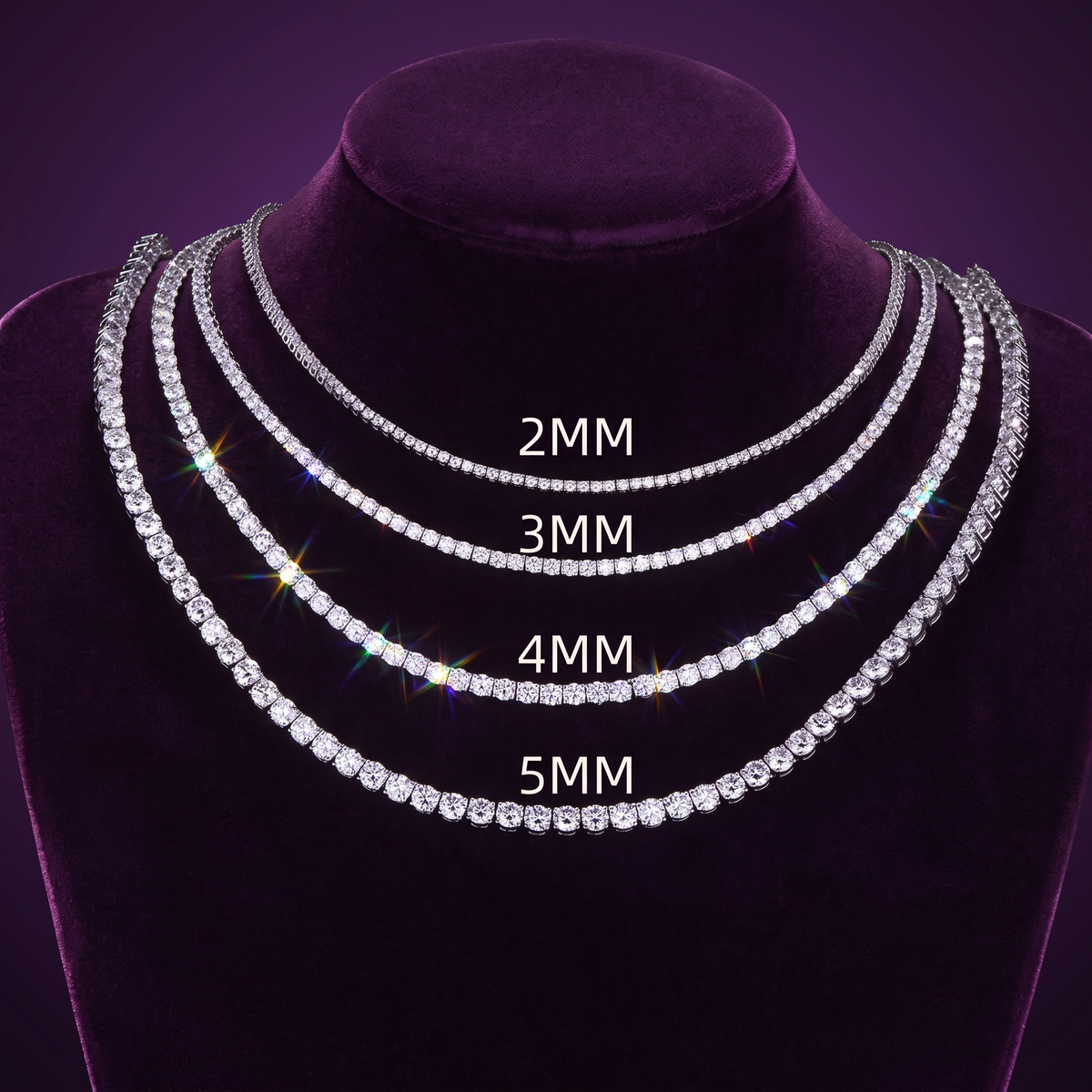 Tennis necklace on a bust, showing how each length sits