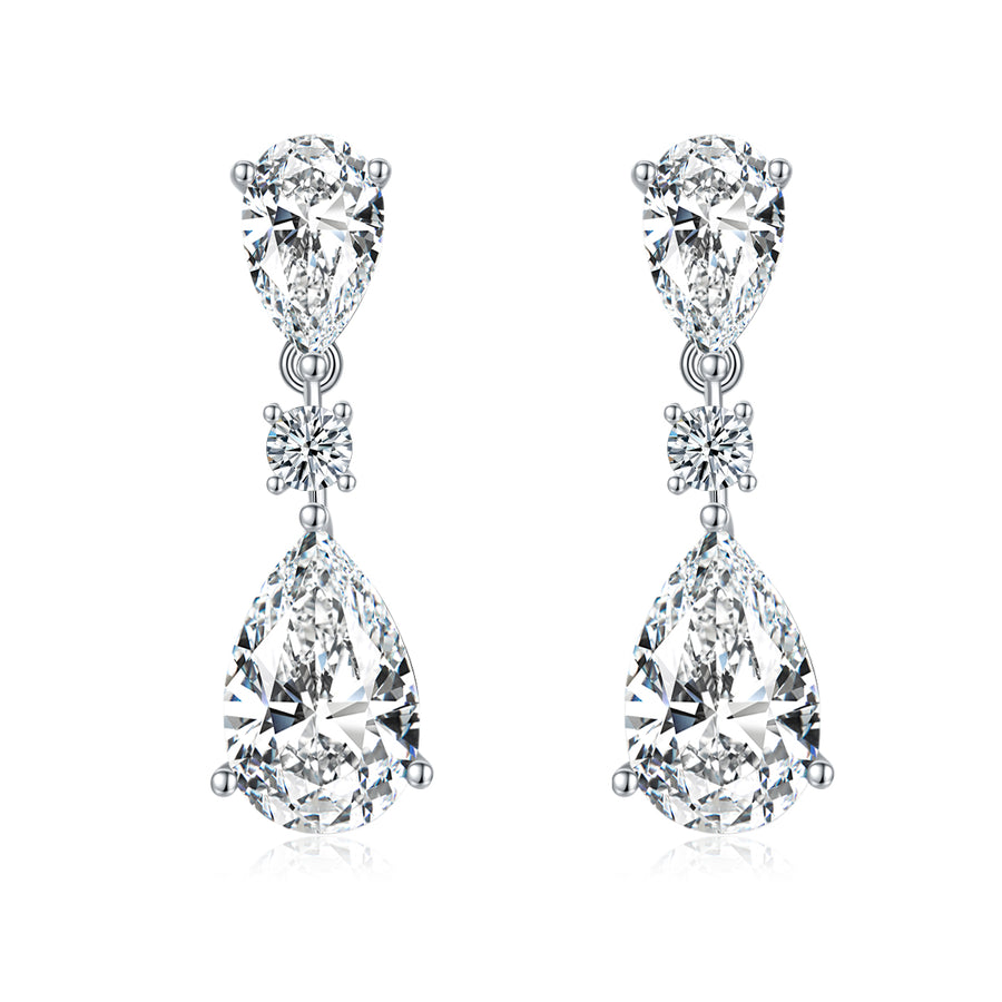 Pear-cut three-stone drop earrings, sterling silver