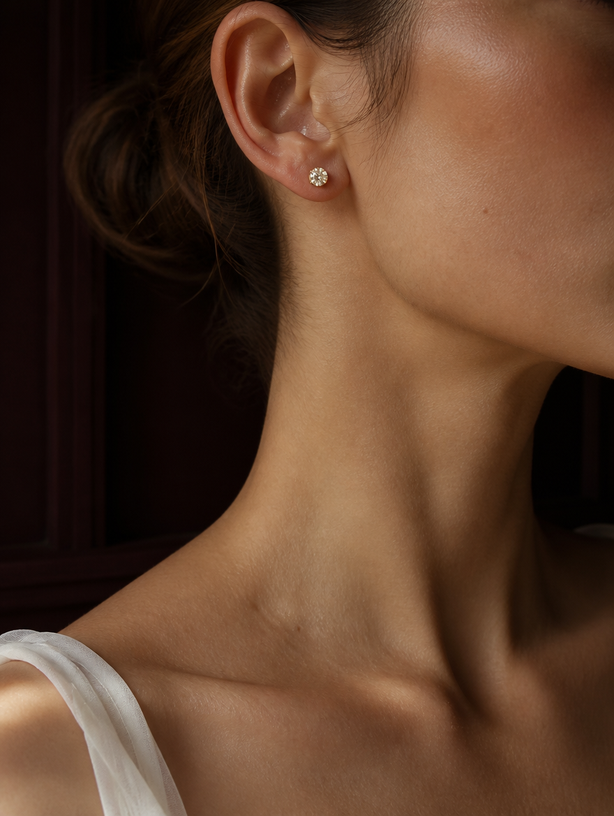 Moissanite stud, 1 ct in 14k gold, ear and neck detail