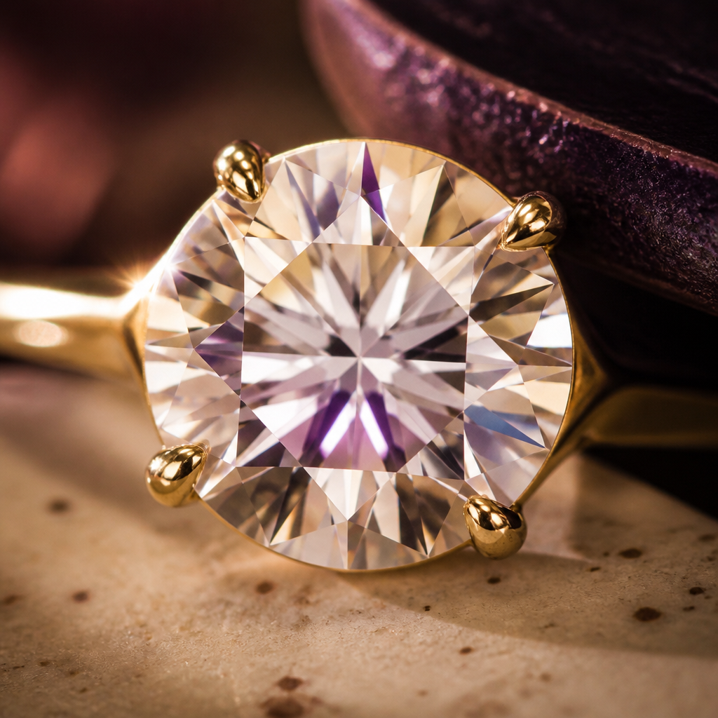 Delight solitaire, 1.5 ct moissanite in 14k yellow gold, macro