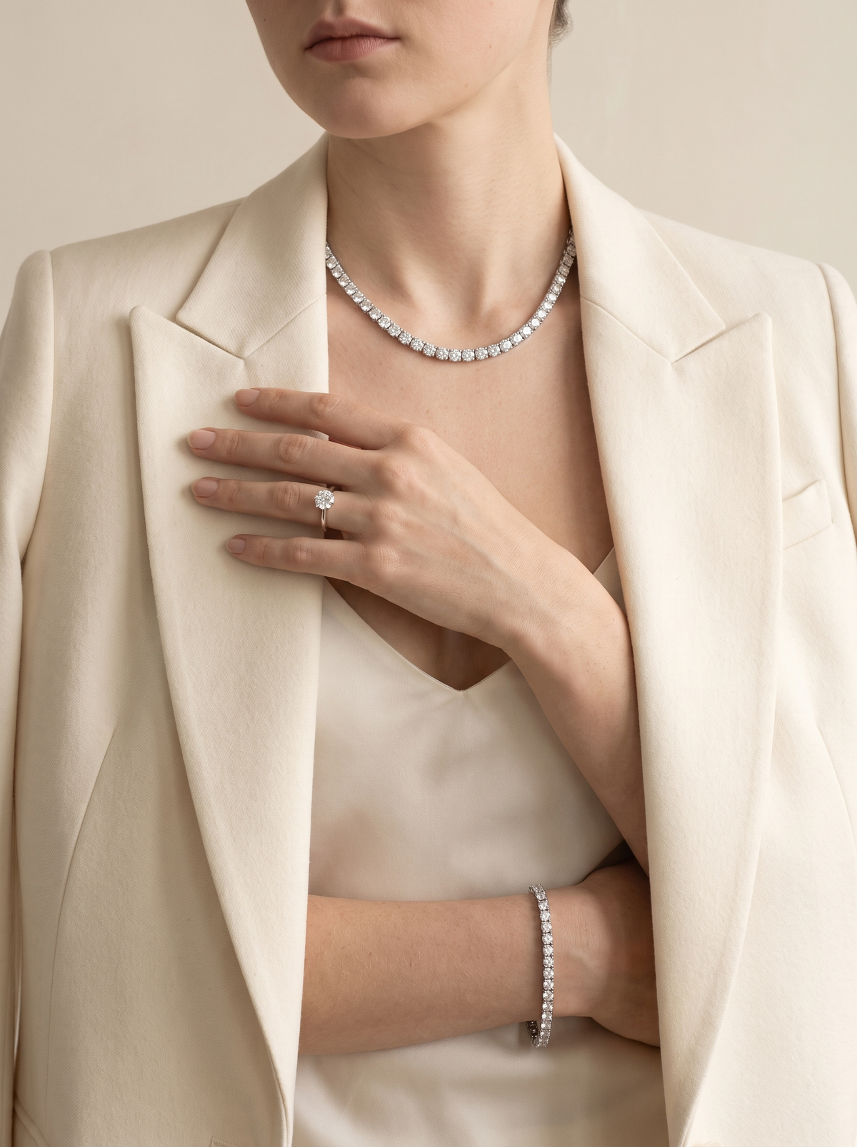 Tennis necklace, sterling silver, worn at the neck